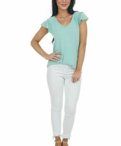 Hailey & Co Deep Mint Short Ruffle Sleeve V Neck Knit Top 9 Hailey & Co Deep Mint Short Ruffle Sleeve V Neck Knit Top