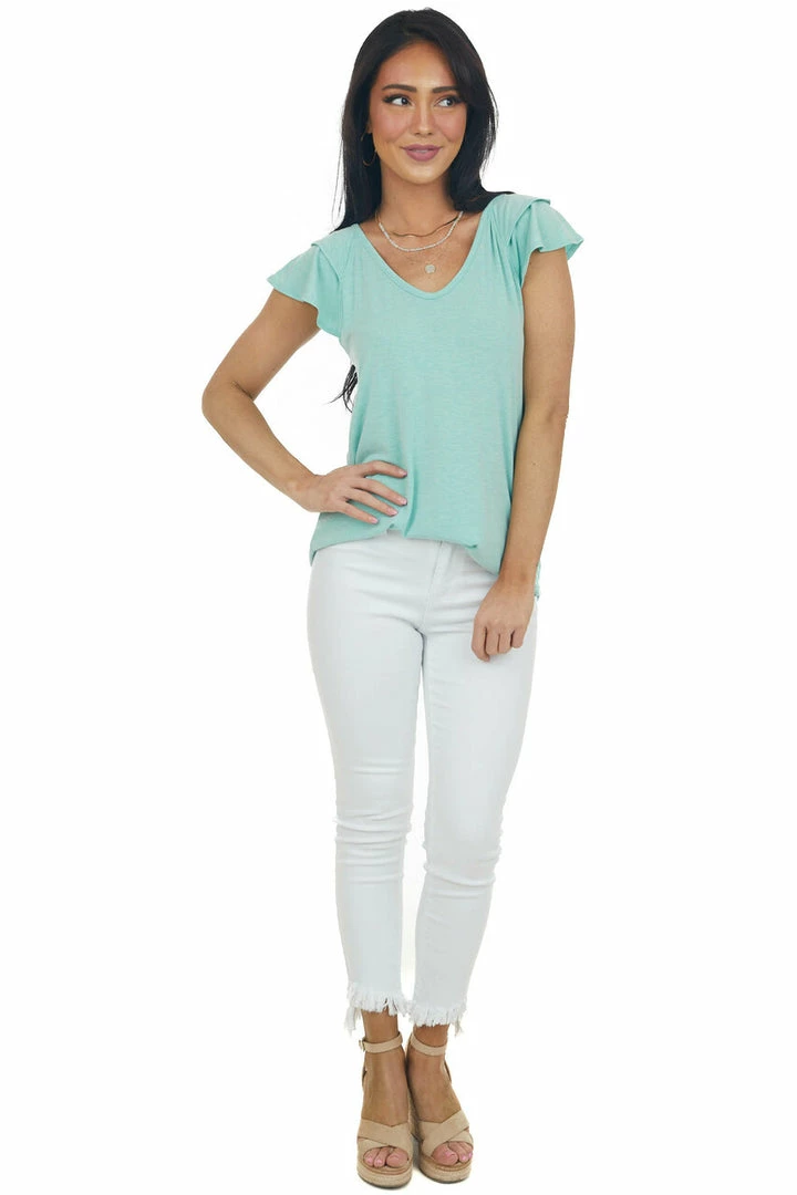 Hailey & Co Deep Mint Short Ruffle Sleeve V Neck Knit Top 4 Hailey & Co Deep Mint Short Ruffle Sleeve V Neck Knit Top