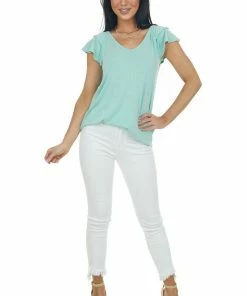 Hailey & Co Deep Mint Short Ruffle Sleeve V Neck Knit Top 10 Hailey & Co Deep Mint Short Ruffle Sleeve V Neck Knit Top