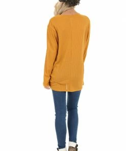 My Story Deep Mustard Long Sleeve Waffle Knit Top With Twist Detail
