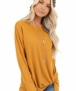 My Story Deep Mustard Long Sleeve Waffle Knit Top With Twist Detail
