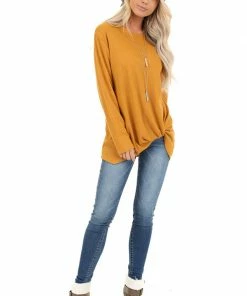 My Story Deep Mustard Long Sleeve Waffle Knit Top With Twist Detail