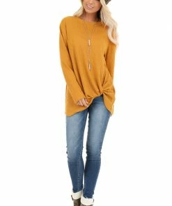 My Story Deep Mustard Long Sleeve Waffle Knit Top With Twist Detail