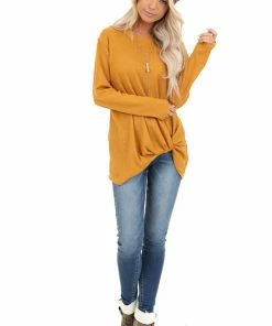 My Story Deep Mustard Long Sleeve Waffle Knit Top With Twist Detail
