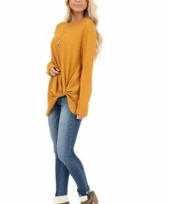 My Story Deep Mustard Long Sleeve Waffle Knit Top With Twist Detail