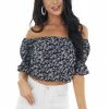 She + Sky Deep Navy Blue Ditsy Floral Off Shoulder Woven Crop Top 2 She + Sky Deep Navy Blue Ditsy Floral Off Shoulder Woven Crop Top