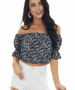 She + Sky Deep Navy Blue Ditsy Floral Off Shoulder Woven Crop Top