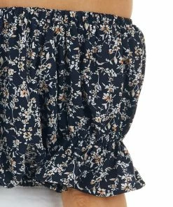 She + Sky Deep Navy Blue Ditsy Floral Off Shoulder Woven Crop Top