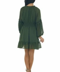 Peach Love Dresses Deep Olive Swiss Dot Smocked Waist Mini Dress