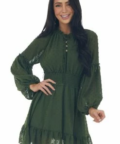 Peach Love Dresses Deep Olive Swiss Dot Smocked Waist Mini Dress