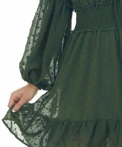 Peach Love Dresses Deep Olive Swiss Dot Smocked Waist Mini Dress