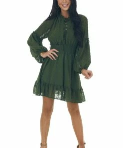 Peach Love Dresses Deep Olive Swiss Dot Smocked Waist Mini Dress