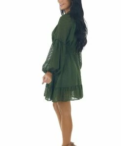 Peach Love Dresses Deep Olive Swiss Dot Smocked Waist Mini Dress