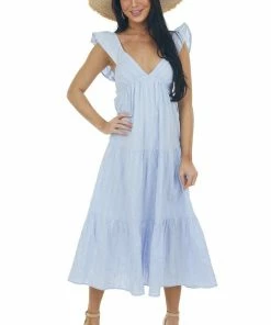 HYFVE Deep Periwinkle Tiered V Neck Woven Midi Dress