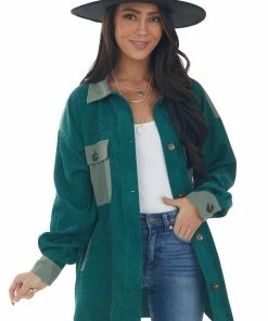 143 Story Deep Pine Contrast Oversized Corduroy Shacket Tops