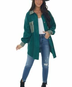 143 Story Deep Pine Contrast Oversized Corduroy Shacket Tops