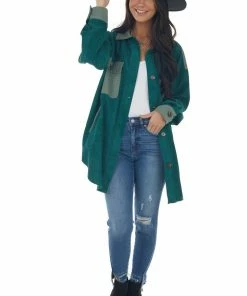143 Story Deep Pine Contrast Oversized Corduroy Shacket Tops