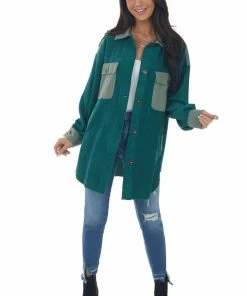 143 Story Deep Pine Contrast Oversized Corduroy Shacket Tops