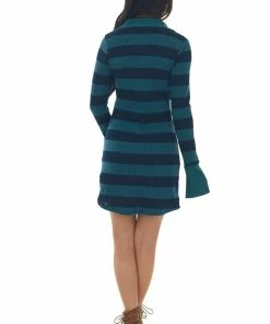 BucketList Dresses Deep Pine Striped Ribbed Knit Mini Dress