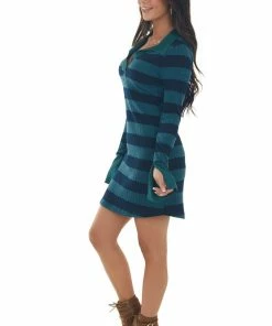 BucketList Dresses Deep Pine Striped Ribbed Knit Mini Dress
