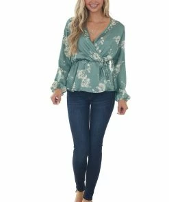 Vanilla Bay Deep Sage Floral Print Long Sleeve Peplum Top