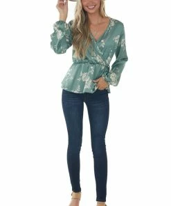 Vanilla Bay Deep Sage Floral Print Long Sleeve Peplum Top
