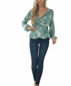 Vanilla Bay Deep Sage Floral Print Long Sleeve Peplum Top