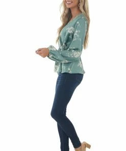 Vanilla Bay Deep Sage Floral Print Long Sleeve Peplum Top
