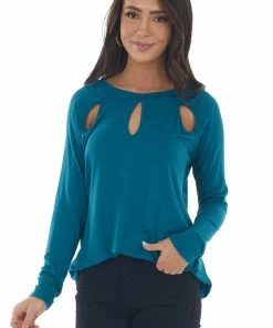 143 Story Tops Deep Teal Long Sleeve Triple Chest Keyhole Top