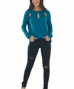 143 Story Tops Deep Teal Long Sleeve Triple Chest Keyhole Top