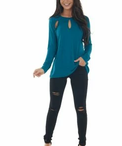 143 Story Tops Deep Teal Long Sleeve Triple Chest Keyhole Top