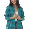 She + Sky Tops Deep Teal Plaid Chest Pocket Flannel Shirt