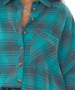 She + Sky Tops Deep Teal Plaid Chest Pocket Flannel Shirt