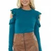 143 Story Tops Deep Teal Ruffle Cut Out Long Sleeve Bodysuit