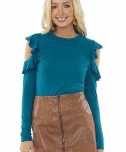 143 Story Tops Deep Teal Ruffle Cut Out Long Sleeve Bodysuit
