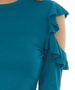 143 Story Tops Deep Teal Ruffle Cut Out Long Sleeve Bodysuit