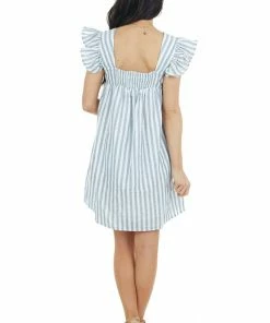 Entro Denim And Ivory Stripe Print Mini Dress With Ruffle Straps