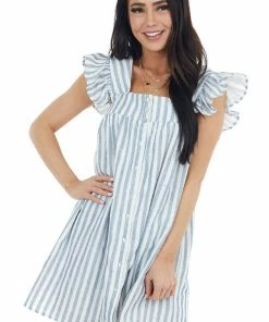 Entro Denim And Ivory Stripe Print Mini Dress With Ruffle Straps