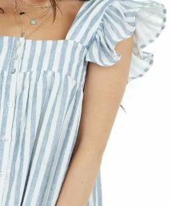 Entro Denim And Ivory Stripe Print Mini Dress With Ruffle Straps