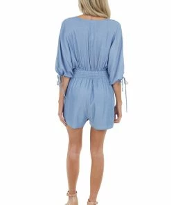 LE LIS Denim Blue Dolman Sleeve Romper With Button Detail