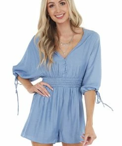 LE LIS Denim Blue Dolman Sleeve Romper With Button Detail