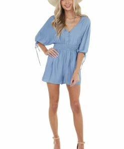 LE LIS Denim Blue Dolman Sleeve Romper With Button Detail