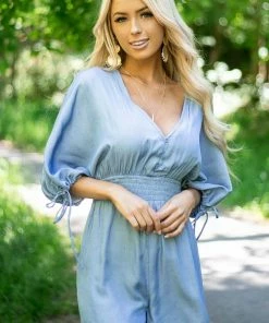 LE LIS Denim Blue Dolman Sleeve Romper With Button Detail