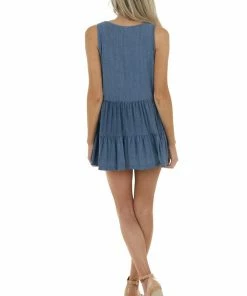 Staccato Tops Denim Blue Sleeveless Ribbed Knit Tiered Drop Waist Top