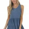 Staccato Tops Denim Blue Sleeveless Ribbed Knit Tiered Drop Waist Top