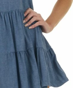 Staccato Tops Denim Blue Sleeveless Ribbed Knit Tiered Drop Waist Top