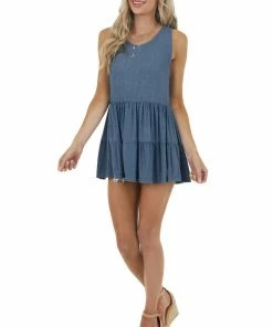 Staccato Tops Denim Blue Sleeveless Ribbed Knit Tiered Drop Waist Top
