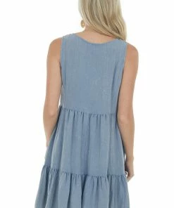 Umgee Denim Button Up Sleeveless Tiered Woven Dress