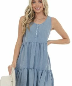 Umgee Denim Button Up Sleeveless Tiered Woven Dress