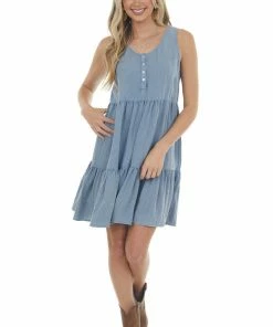 Umgee Denim Button Up Sleeveless Tiered Woven Dress